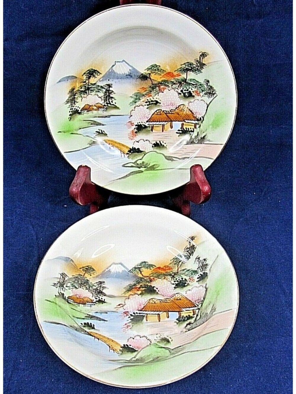 Hand Painted Japanese Porcelain Dessert Plates Mt Fuji Sakura Set Of 2